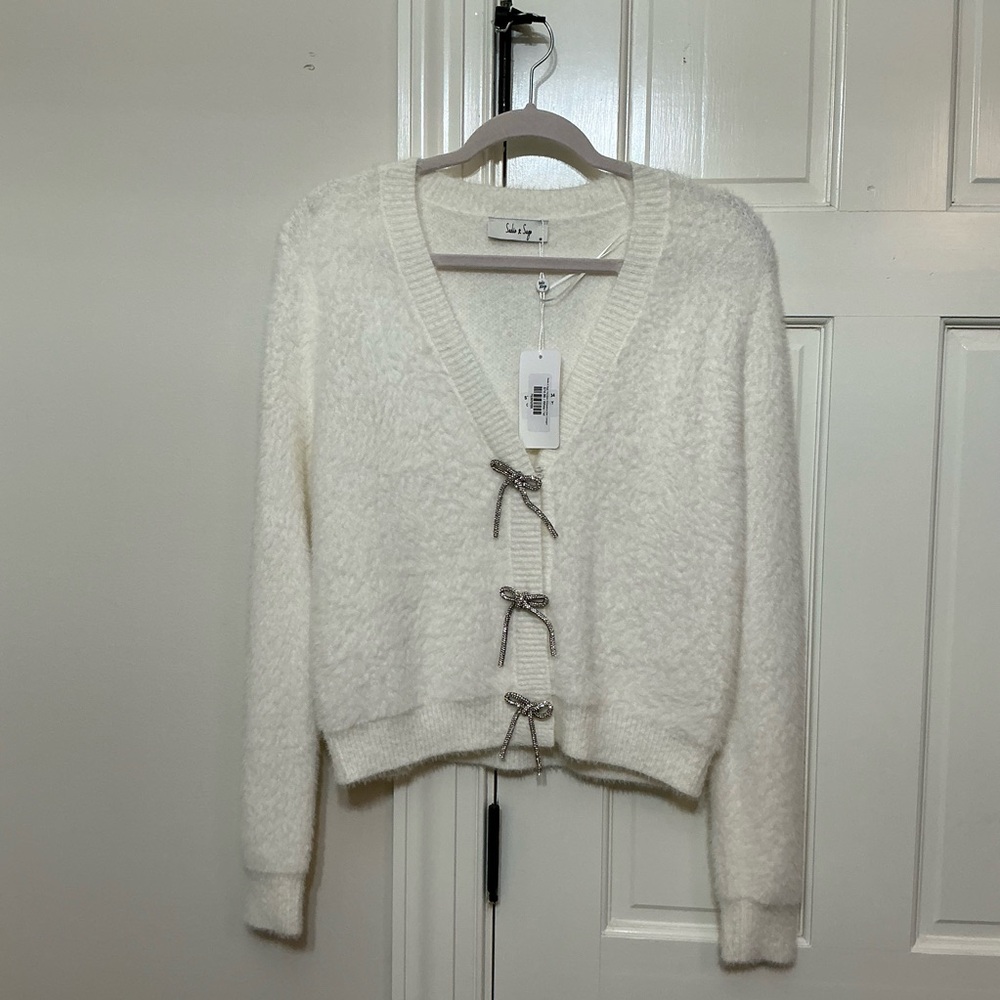 White Fuzzy Sweater with Bow Accents